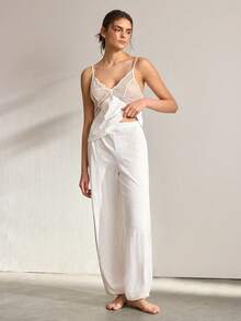 Ocili Conjunto de ropa de estar en casa informal con top de camisola de encaje y pantalones de pierna ancha para mujer - Blanco - Ver 5