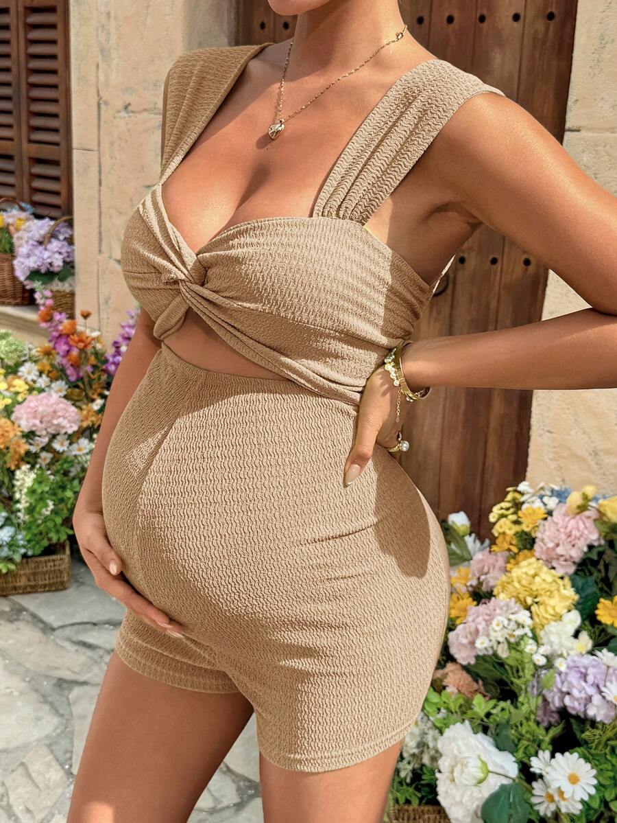 SHEIN Bộ áo liền quần bầu không tay cổ trái tim khoét xoắn dáng rộng, kiểu dáng thường ngày. - Màu Khaki - Xem 1