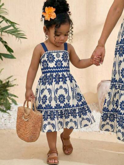 SHEIN Baby Girl Floral Print Ruffle Hem Spaghetti Strap Dress