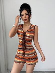 Elenzga 女士优雅针织提花几何图案V领无袖修身上衣 + 女士优雅休闲修身短裤，春夏款 - 彩色 - 查看 4