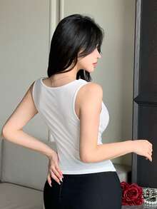 DAZY Áo thun nữ mùa hè, chất liệu hơi mỏng, ôm sát, cổ tròn, kiểu dáng thường ngày. - trắng - Xem 4