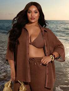 SHEIN BAE Plus Size Casual Brown Knitted Collared Half Sleeve Blouse And Long Pants Co-Ord Set With Pockets For Women - Brown - View 7