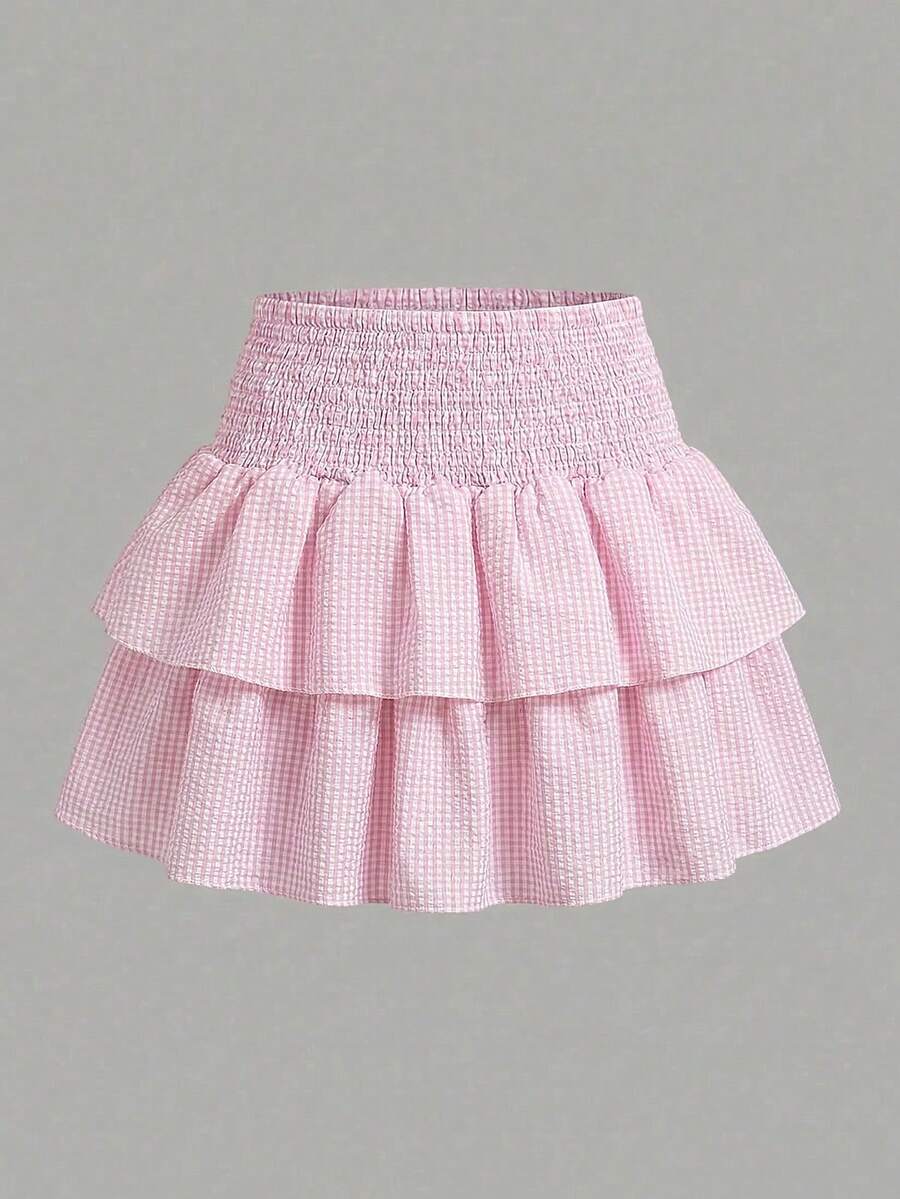 SHEIN 少女腰部收褶条纹A字裙，粉色和白色 - 粉色 - 查看 1