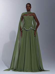 Elitara 优雅橄榄绿无肩带不对称领口奢华水钻链条腰部褶皱A字型长裙（含可拆卸挂脖），适合约会、度假、单身派对、婚礼及所有正式场合，女士晚礼服 - 橄欖綠 - 查看 5