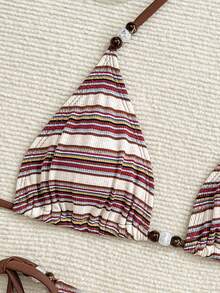 Swim Vcay Nuevo conjunto de traje de baño de 3 piezas de primavera/verano con top triangular de corte alto con lazos laterales y shorts fruncidos en estilo de rayas texturizadas de resort náutico para mujeres - Multicolor - Ver 3