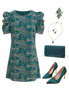 Ellevyn 女士印花简约休闲圆领短裙 - 綠色 - 查看 1