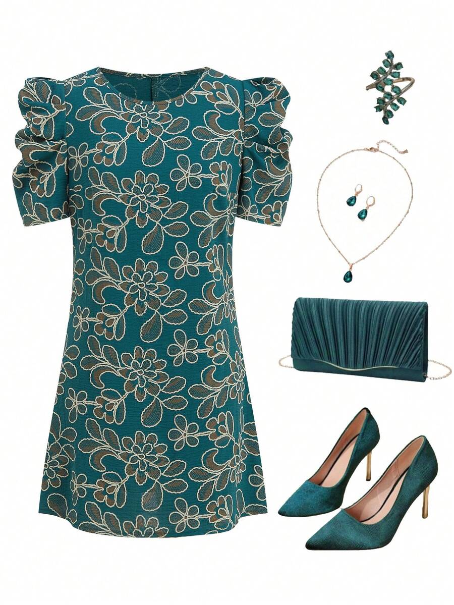 Ellevyn 女士印花简约休闲圆领短裙 - 綠色 - 查看 1