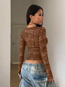 StreetHx Áo sơ mi ren đen dành cho nữ - Màu nâu  Mocha - Xem 2