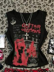 Glimmora Women's Minimalist Printed Sleeveless Round Neck Tank Top - Black - View 3