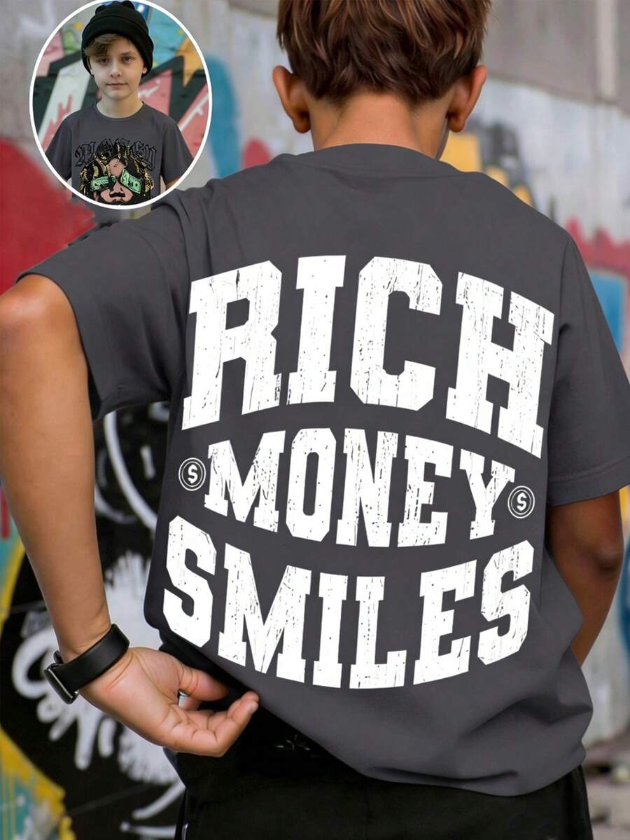 SHEIN Coolqubz Tween pojkars trendig t-shirt med grafiskt tryck, kortärmad och rund hals, sommar - Multifärgad - Visa 1