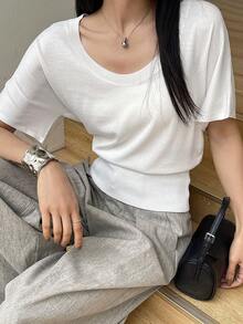 DAZY Áo thun nữ tay ngắn, màu trơn, dáng ôm, mỏng nhẹ, thích hợp mặc mùa hè. - trắng - Xem 5