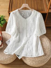 Franclia Áo kiểu nữ tay ngắn, màu trơn, cài cúc phía trước, kiểu dáng thanh lịch, thích hợp cho mùa xuân/hè. - trắng - Xem 3