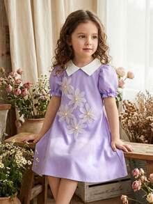Neues Frühjahrs-/Sommerkleid mit schwarzem Kragen und Kurzarm für große Mädchen, dekoriert mit 5 dimensionalen Blumen auf der Brust, die einen kindlichen Charme und Niedlichkeit verleihen, insgesamt süßer und eleganter Stil, A-Linien Rock Design schafft Dynamik und Lebendigkeit, geeignet für tägliche Ausflüge, Aufführungen, Zusammenkünfte usw. - Mauve - Übersicht 9