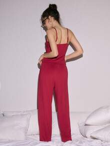 Lowkey Lull Babydoll Spaghetti Strap Jumpsuit With Frill Trim, Soft And Comfortable Milk Silk Stretch, INS Casual Y2K Women Loungewear Set - Burgundy - View 3