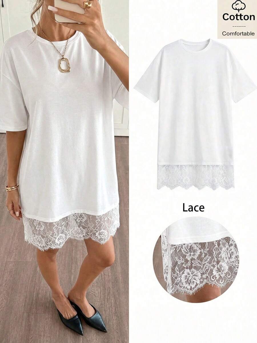 Siren Gaze Women's Round Neck Short Sleeve Contrast Lace Loose Mini Dress,Summer Dresses For Women - White - View 1