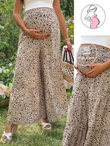 SHEIN Quần ống rộng dáng suông họa tiết hoa nhí mùa hè dành cho bà bầu - Màu Khaki - Xem 1