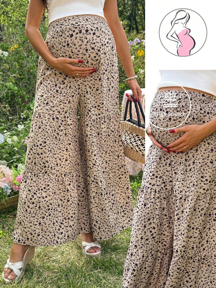 SHEIN Maternity Summer Ditsy Floral Loose Wide-Leg Pants - Khaki - View 1