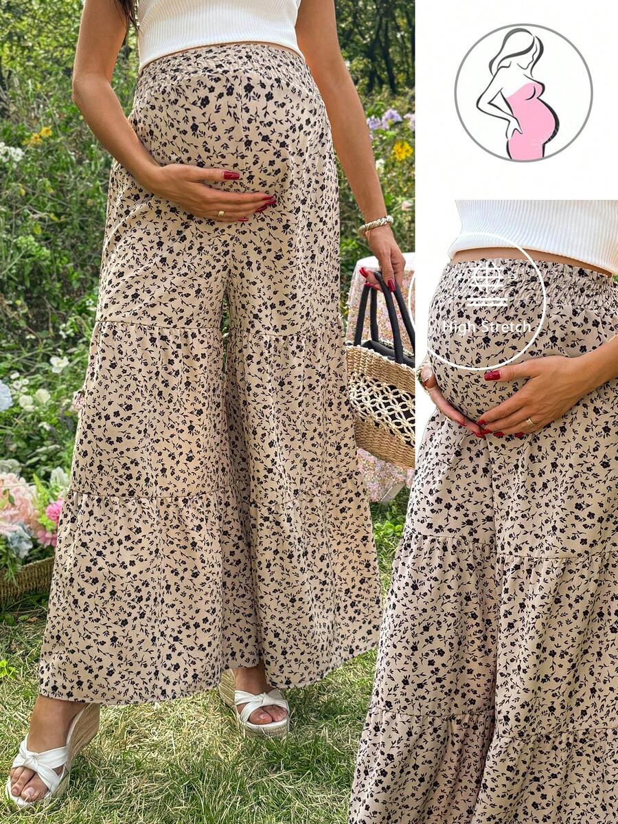 SHEIN Quần ống rộng dáng suông họa tiết hoa nhí mùa hè dành cho bà bầu - Màu Khaki - Xem 1