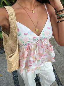 SHEIN SunnyBelle Áo hai dây nữ mùa xuân/hè màu hồng họa tiết hoa nhí, cổ chữ V sâu, thắt nơ trang trí, thích hợp cho đi biển, nghỉ mát, du lịch, hẹn hò lãng mạn, áo không tay phối màu hoa nhí. - Màu Hồng baby - Xem 4