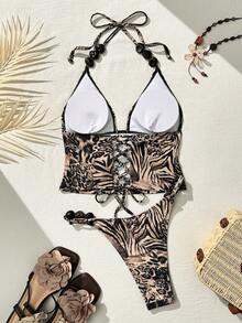 Bonvoyette Shapewave-D 女士豹纹斑马纹撞色塑形吊带比基尼上衣+高开衩泳裤，串珠点缀，可调节交叉后背带，狂野印花设计，性感修身凸显曲线，沙滩度假泳装套装 - 彩色 - 查看 2
