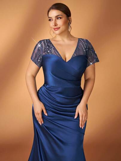 Serin 大码优雅奢华朦胧蓝亮片刺绣拼接弹力缎面V领泡泡袖修身鱼尾裙，适合晚宴、盛会、音乐节、婚礼、新娘母亲等场合。