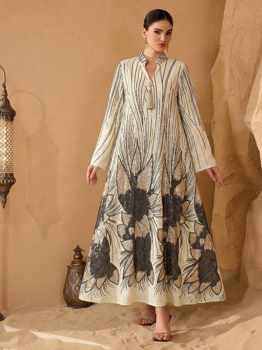 Layrah Luxurious Beaded Embroidered Floral Loose Fashionable Lightweight Luxury Dress For Women - Yellow - View 1