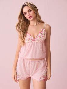 Bonmuse 性感宫廷风刺绣吊带睡衣套装，新款雪纺花卉家居服 - 粉色 - 查看 7