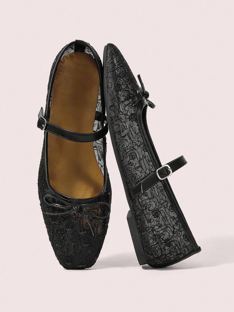 CUCCOO DOLLMOD Ladies' Black Mesh Yarn Embroidered Flower Pattern And Cute Bow Decorative Design French Low Vamp Breathable Mary Jane Shoes Upper Mesh Yarn Material Is Suitable For Spring And Summer Wear