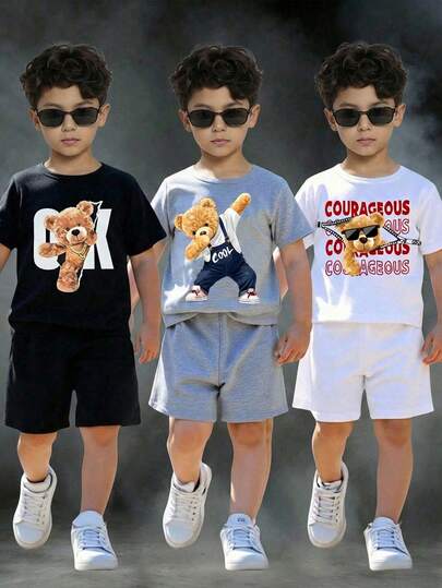 SHEIN 6pcs/Set Young Boys Casual Street Bear Print Round Neck Loose Short Sleeve Knit T-Shirt And Elastic Waist Shorts 3-Piece Outfit Set, Suitable For Commuting, School, Daily Casual, Vacation, Sports, Spring/Summer