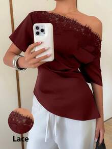Siren Gaze Women's Lace Patchwork Satin Blouse With Asymmetrical Shoulder Neckline - Burgundy - View 1