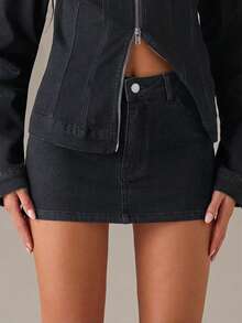 SHEIN BAE Women's Solid Color Short Denim Skirt With Belt Loop, Summer - Grey - View 6