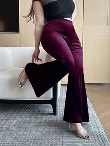 Vibekara 加大码黑色丝绒修身喇叭裤，时尚显瘦，秋冬款 - 酒紅色 - 查看 7