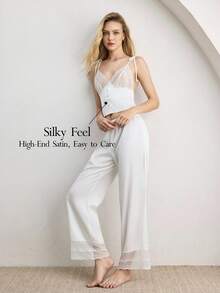 Ocili Women's Lace Patchwork Camisole & Long Pants Pajama Set - White - View 2