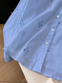 Airaco Damen Casual Mesh bestickte Knopfleiste Langarm Bluse - Blau - Übersicht 6