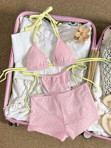 Bonvoyette Bộ đồ bơi nữ 3 món màu vàng, vải, màu xanh dương, kiểu buộc dây bên hông, cổ yếm. - Hồng - Xem 3