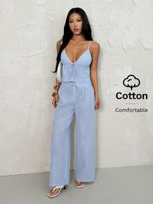 SHEIN PETITE Bộ đồ nữ dệt sọc kẻ, kiểu dáng thường ngày, thích hợp cho kỳ nghỉ xuân/hè. - Xanh và trắng - Xem 5