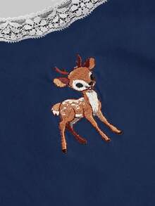 ROMWE J-Fashion 女士可爱小鹿刺绣蕾丝吊带背心和小鹿印花短裤套装 - 藏蓝色 - 查看 7