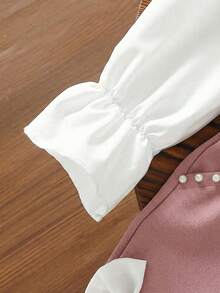 SHEIN Elladie kids 2件組少女甜美優雅彼得潘領珍珠鈕扣拼色襯衫與蝴蝶結珍珠短褲，秋季親子套裝可愛淑女風派對套裝 - 藕粉色 - 查看 5