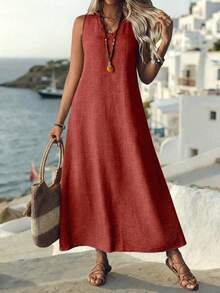 Linhara CURVE Vestido largo minimalista para talla grande - Color caoba - Ver 1