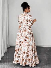 Elenzga 大码休闲夏季碎花沙滩度假浪漫优雅连衣裙 女士夏季连衣裙 女士优雅套装 - 橘色 - 查看 2