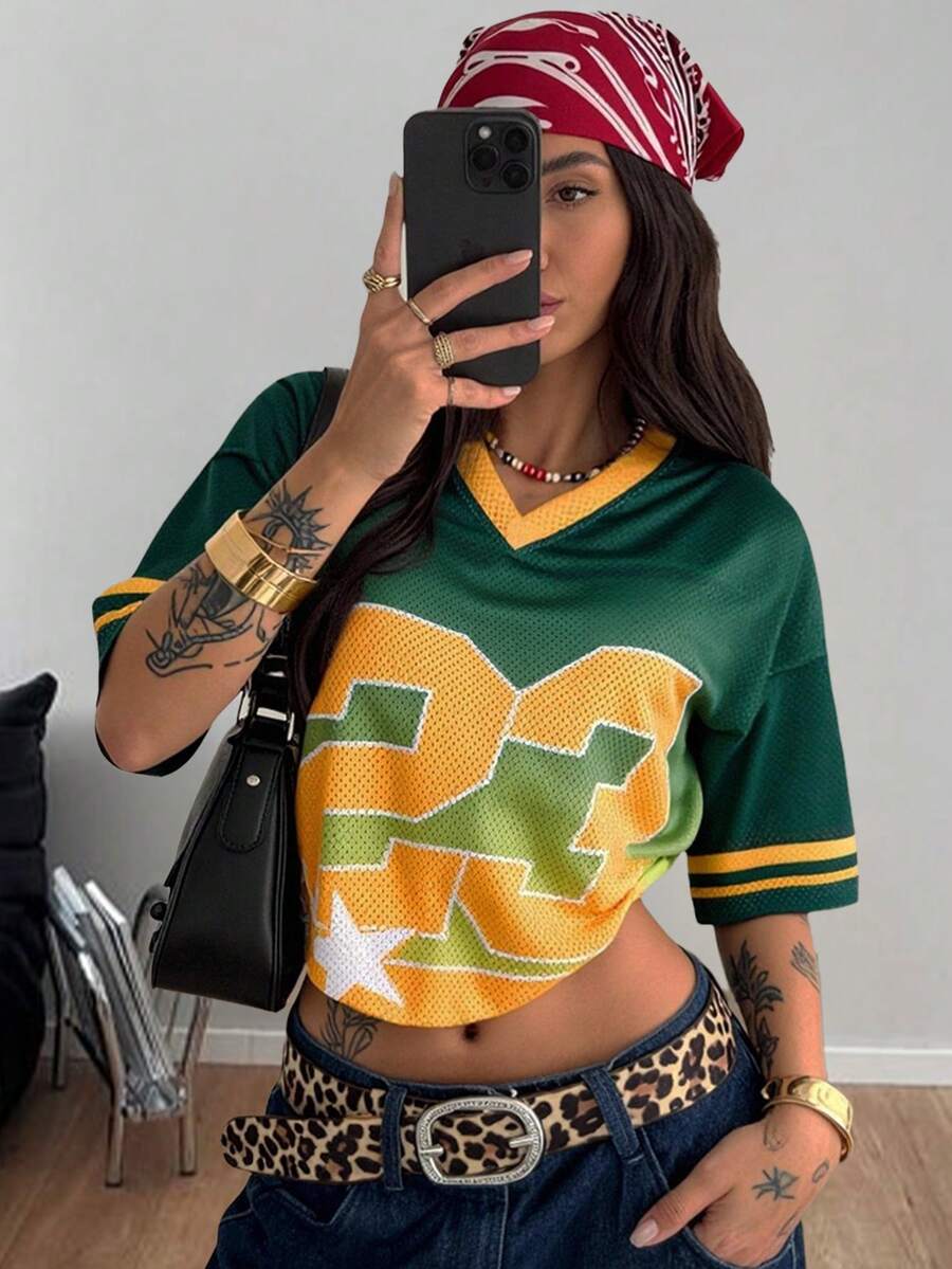 Coolane 女士春夏街头风 Y2K 热带度假数字图案透气网眼黄绿短袖针织T恤 - 綠色 - 查看 1