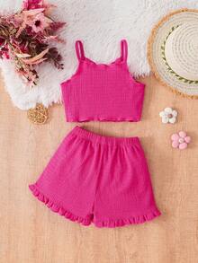SHEIN Bộ 2 món dành cho bé gái, kiểu dáng thường ngày, chất liệu chiffon dệt kim trơn, gồm áo không tay và quần short, mềm mại và thoải mái, thích hợp cho kỳ nghỉ, bãi biển, lễ hội âm nhạc. - Màu Hồng Tươi - Xem 2