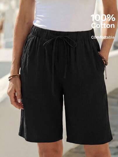 EMERY ROSE Linen Bermuda Shorts, Linen Solid Color Knee-Length Shorts With Side Pockets, High Waist And Loose Fit, Fashion Basics