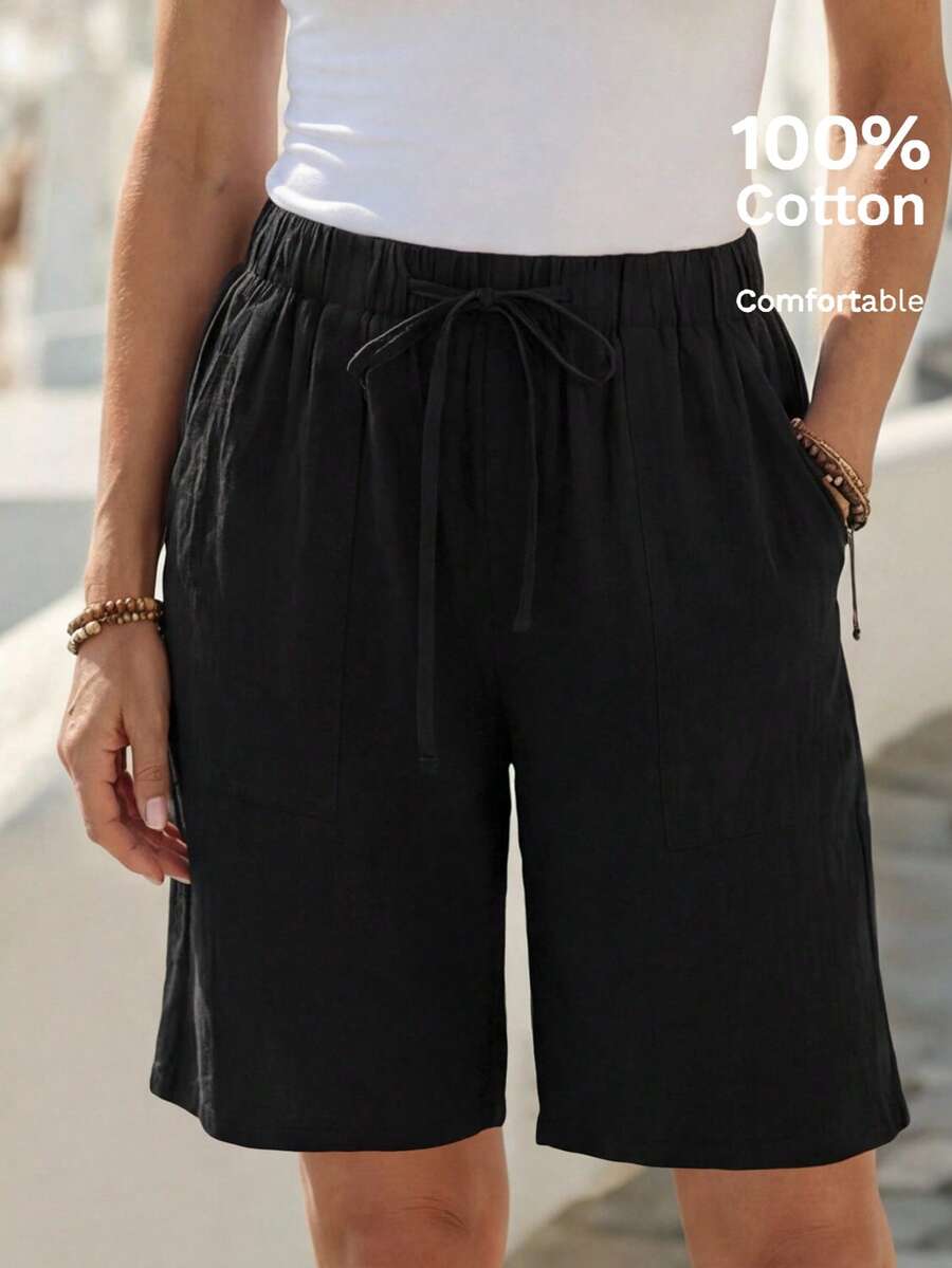 EMERY ROSE Linen Bermuda Shorts, Linen Solid Color Knee-Length Shorts With Side Pockets, High Waist And Loose Fit, Fashion Basics - Black - View 1