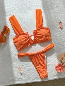 Swim Vcay Conjunto de bikini estampado sexy para mujer, atuendo para vacaciones en la playa/piscina en verano - Naranja - Ver 8