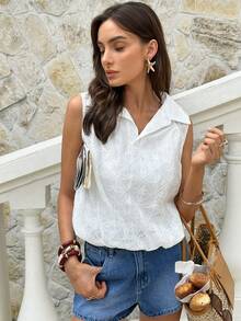 SHEIN Frenchy Women's Floral Textured Casual Sleeveless Loose Shirt,French Summer White Hollow Embroidery Collar Sleeveless Blouse, Loose Versatile Collar Design, Essential For Casual, Commute, And Vacation,Summer Top,Beach Outfits,Casual Blouses For Women,Vacation Outfits Women,Work Tops For Women,Peplum Top,White Blouse Beach Outfit For Women Conservative Top Summer Blouse For Women Summer Casual Outfits For Women Polo Blouse For Women Casual - Beige - View 5