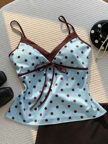 Comfortcana 2026新款女士蓝色缎面波点印花V领吊带背心，时尚春夏装扮，休闲度假服饰，适合情人节、派对、婚礼、生日等场合，S码 - 藍色 - 查看 5