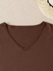 EMERY ROSE Plus Size Women Summer Casual V-Neck T-Shirt - Brown - View 3