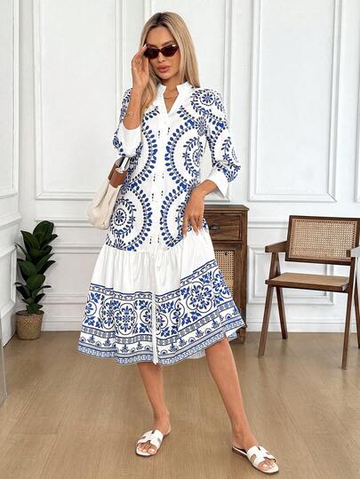 Easowa Blue & White Printed Mid-Length Dress For Women, Shirt-Style Open Front Midi Dress, Suitable For Casual, Beach, Holiday, Easter Outfits