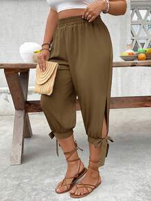 SHEIN CURVE+ Plus Size High Waist Drawstring 7/8 Pants, Spring/Summer - Coffee Brown - View 4